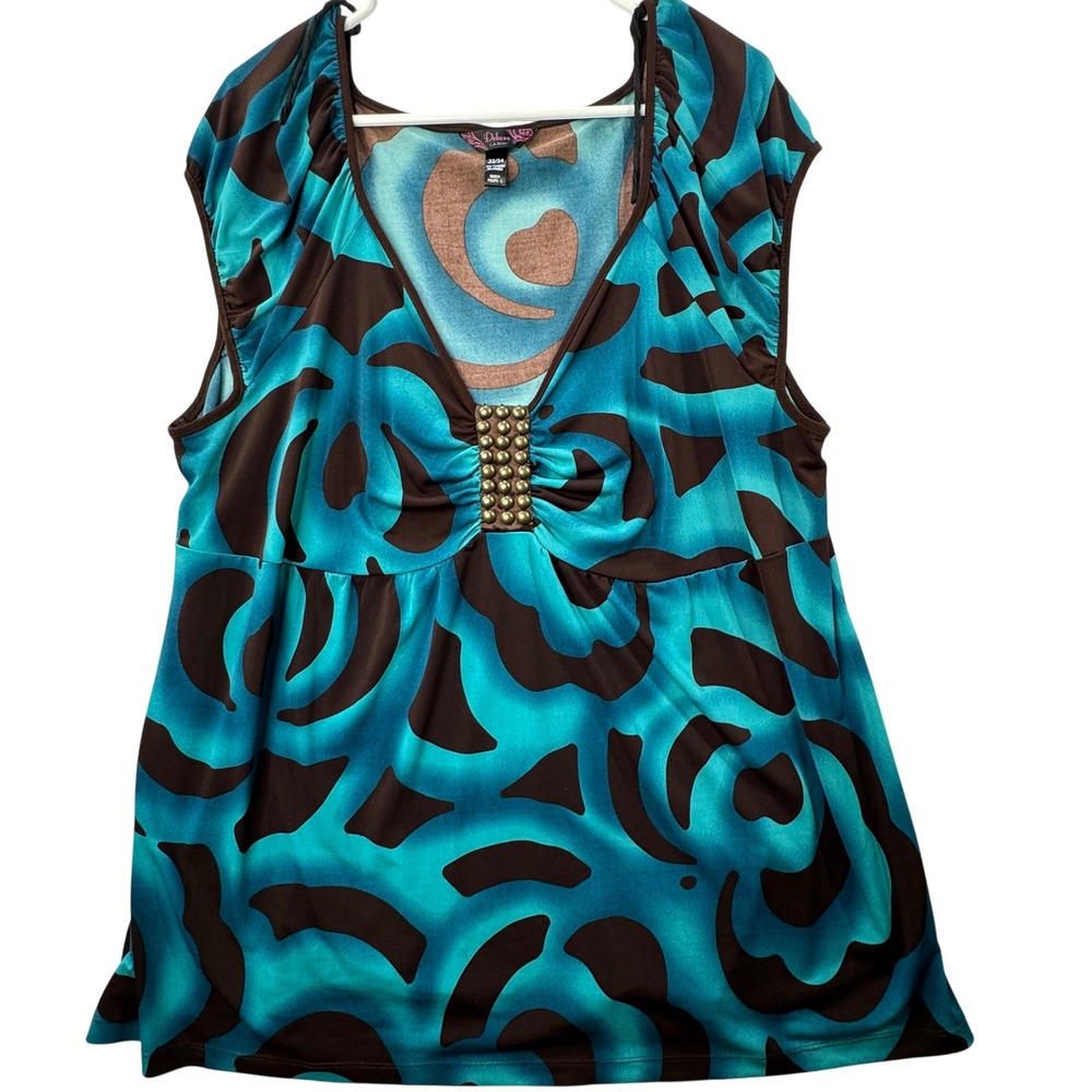 VTG Y2K L.A. Blues‎ Tunic Top Women 22/24 Blue Brown Abstract Studded V-Neck